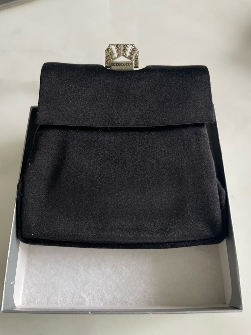 Barney’s New York Black Satin Fold Over Clutch With Marquisette Clasp NWOT